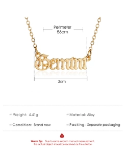 Détails du collier pendentif Gémeaux doré avec dimensions, poids et spécificités de l'objet