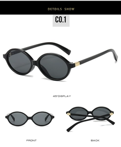 Detail view of retro oval sunglasses featuring golden pyramid rivets and black frames
