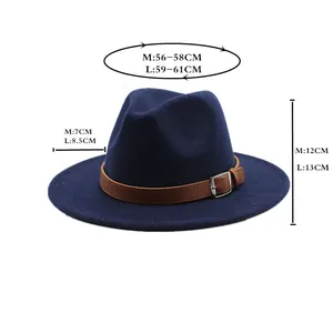 Size chart for wool jazz fedora hat showing head circumference and brim width in CM
