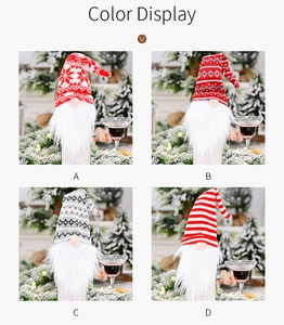 Detail view of four gnome wine bottle covers with knitted hats in various holiday patterns