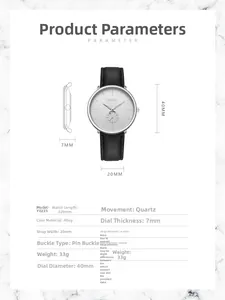 Detailed specifications of YOLAKO men's quartz watch featuring leather strap and alloy case