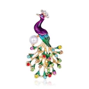 Detail of peacock brooch with purple and green enamel, rhinestones and large pearl