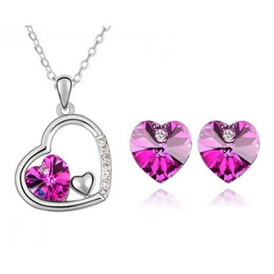 Élégant ensemble de bijoux en cristal rose en forme de cœur avec collier et boucles d'oreilles