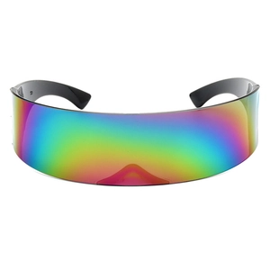 Cyberpunk oversized visor sunglasses with rainbow mirrored lens and black frame