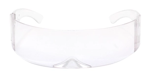 Close-up of clear futuristic visor glasses with transparent frame and wraparound design