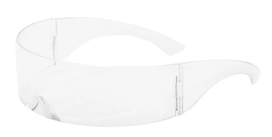 Side view of transparent cyberpunk shield sunglasses with thick plastic frame detail