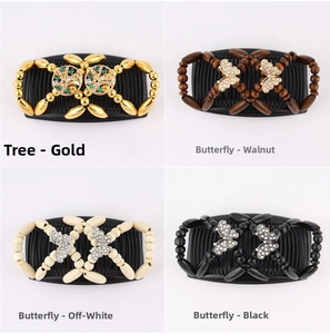 Detailed view of elastic beaded magic hair combs with gold beads and wood butterfly designs