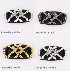 Detail view of beaded magic hair combs with butterfly and dragonfly rhinestone designs