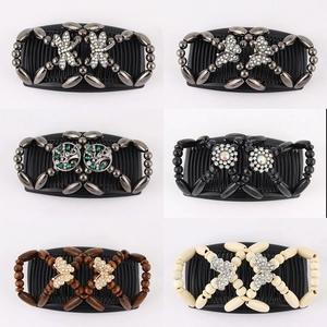 Double row magic hair comb with colorful beads and rhinestone dragonfly designs
