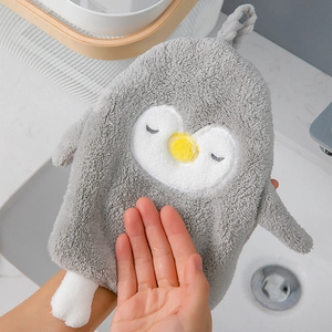 Absorbent grey penguin hand towel with hanging loop made of soft coral fleece material