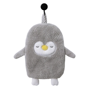 Hanging gray penguin hand towel made of thick absorbent coral fleece for bathroom use