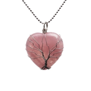 Silver tree of life wire-wrapped heart-shaped pink crystal pendant necklace with ball chain