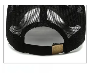 Detail of adjustable metal buckle and breathable mesh on black baseball cap