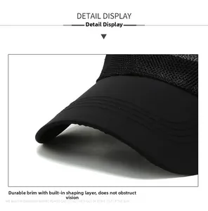 Macro shot of durable triple-stitched brim and breathable mesh of the black sun hat