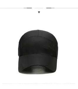 Close-up of a breathable black mesh baseball cap featuring blue side logo embroidery