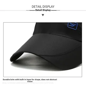Detail of black breathable baseball cap showing reinforced brim and quick-dry fabric texture