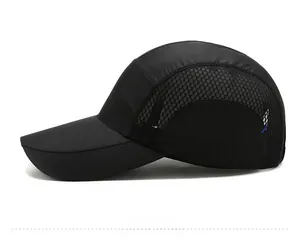 Detailed side view of breathable black mesh baseball cap with blue line embroidery