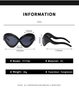 Detailed specs of model YT7750 wavy black sunglasses showing PC material and dimensions
