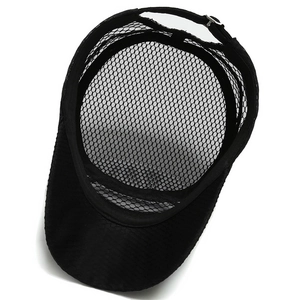 Men's black mesh flat top sun hat with breathable polyester holes and adjustable strap