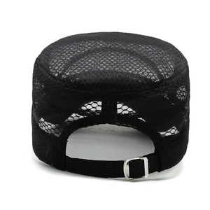 Black breathable mesh military flat top cap with adjustable metal buckle for outdoor use