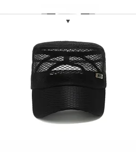 Close-up of black mesh breathable flat top military cap with metal brand ornament detail