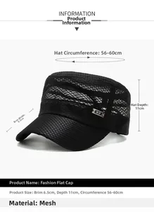 Detailed view of the breathable mesh fabric and size specs of the men's flat top sun hat