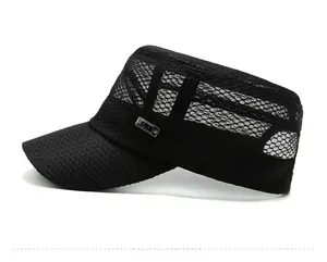 Close-up of black mesh flat top hat showing breathable fabric and side metal plaque detail
