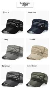 Detail view of quick-dry mesh flat top hats in six colors with S-P metal emblem