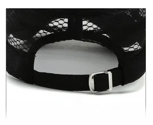 Close-up of breathable mesh fabric and adjustable metal buckle on black sun hat