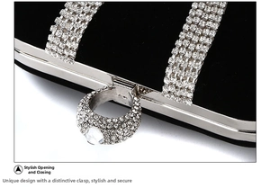 Macro detail of U-shaped evening clutch featuring sparkling rhinestones and ring clasp