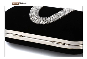 Macro view of black suede evening clutch bottom with silver metal hinge and frame
