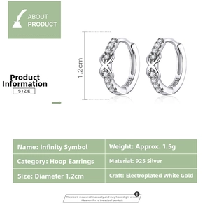 Detail view of S925 sterling silver hoop earrings with infinity symbol and white zircon