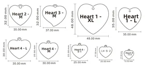 Detailed size chart for various heart-shaped stainless steel pendant specifications