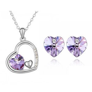 Parure de bijoux avec collier coeur en cristal violet et boucles d'oreilles
