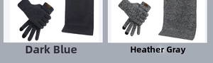 Detailed knit texture of navy and grey winter scarf and touch-screen gloves set