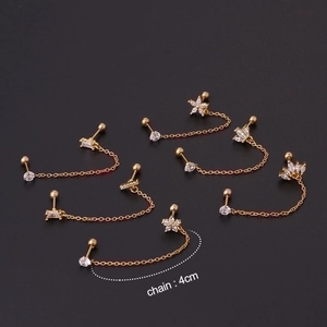 Golden stainless steel double piercing earring chain set with 4cm link and zircon studs