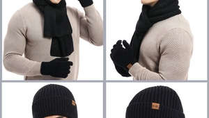 Detail of black ribbed knit winter set with beanie, scarf, and gloves featuring leather logo