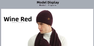 Close-up of burgundy winter knit set including thick beanie, scarf, and warm gloves