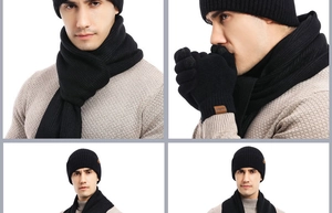 Close-up of black winter knitted set showing thick beanie, scarf, and touch screen gloves