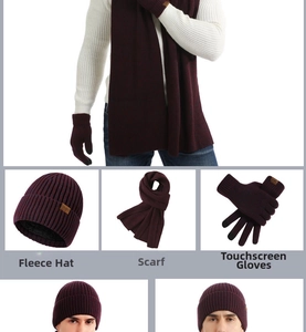 Detailed close-up of burgundy ribbed knit winter set with fleece lining and touch gloves