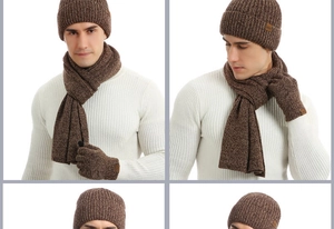 Detailed view of brown mixed knit winter set including thick hat, scarf and gloves