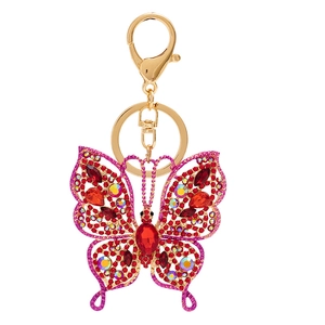 Sparkling butterfly keychain with colorful rhinestones and gold metal finish on white back