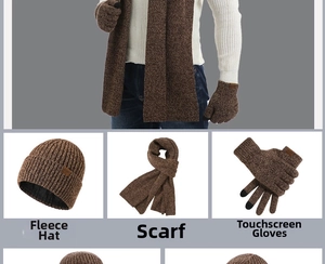 Detailed view of fleece-lined knit hat, scarf, and touchscreen gloves winter 3-piece set