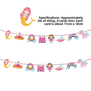 Detail of mermaid party banner set with cartoon castle and fairy cards on 3m string