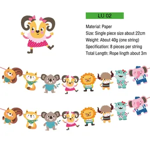 Detailed view of children's party banner featuring 8 cute cartoon animal paper cutouts