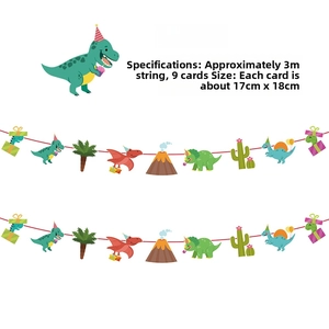 Detail showing cartoon dinosaur party banner with 3-meter string and 9 vibrant card pieces
