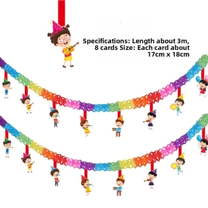 Close-up of animal party banner with colorful honeycomb fans and 8 cartoon characters