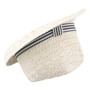 White handwoven straw sun hat with black and white striped ribbon for summer beach vacation
