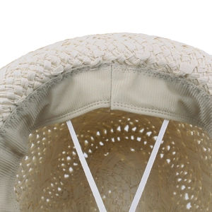 Breathable hand-woven summer straw hat with sweatband and elastic windproof strap details