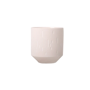 Barattolo per candele in ceramica rosa minimalista con linee verticali su sfondo bianco